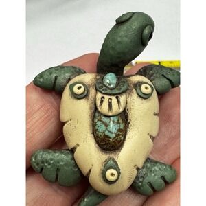 Artisan Signed Clay Turquoise Like Stone Turtle Brooch Native Aztec Southwestern